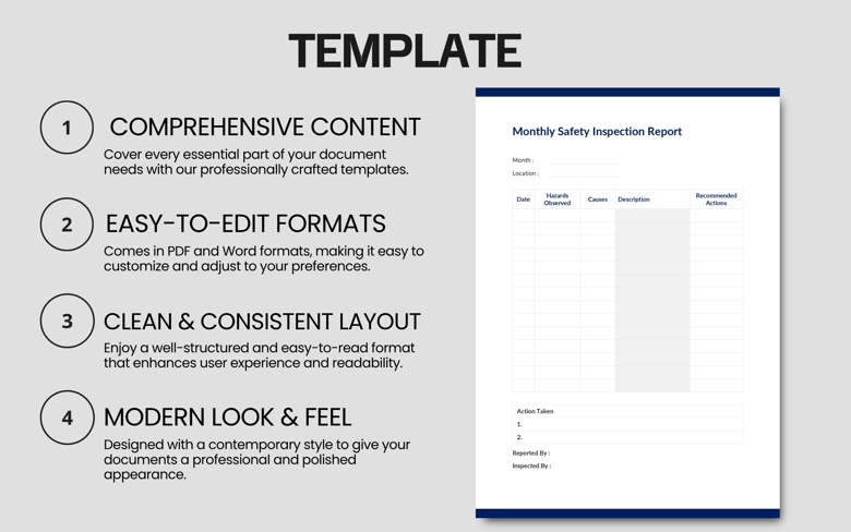 Monthly Safety Inspection Report Template | Workplace Hazard Checklist PDF & Word | Editable Safety Audit Form
