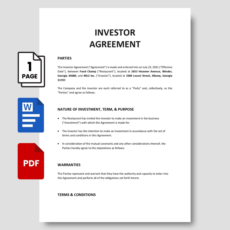 Investor Agreement Template | Editable Business Investment Contract PDF & Word | Shareholder Terms & Equity Deal Document