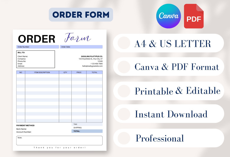 Editable Order Form Template for Small Business | Printable Purchase Order Sheet | Professional Billing Invoice