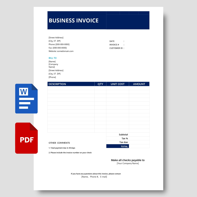 Business Invoice Template | Editable Billing Form in PDF & Word | Printable Company Invoice for Products or Services