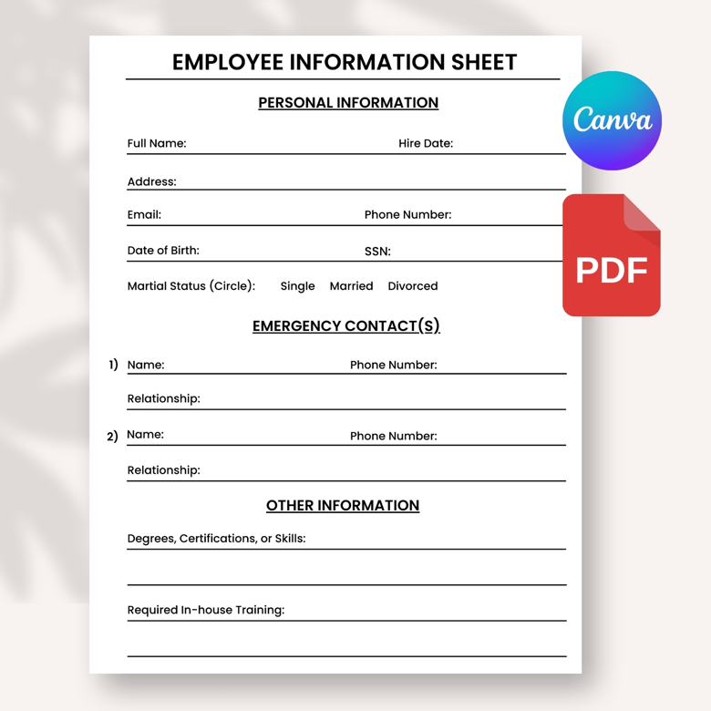 Employee Information Sheet Template | Editable New Hire Personal Info Form | HR Onboarding Document
