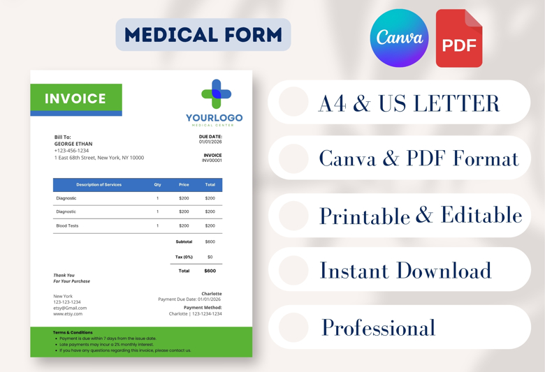 Medical Invoice Template | Editable Healthcare Billing Form | Doctor Clinic Invoice | Hospital Service Bill | A4 & US Letter |
