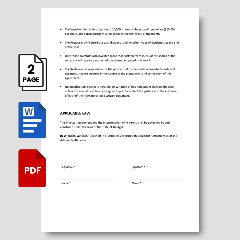 Investor Agreement Template | Editable Business Investment Contract PDF & Word | Shareholder Terms & Equity Deal Document