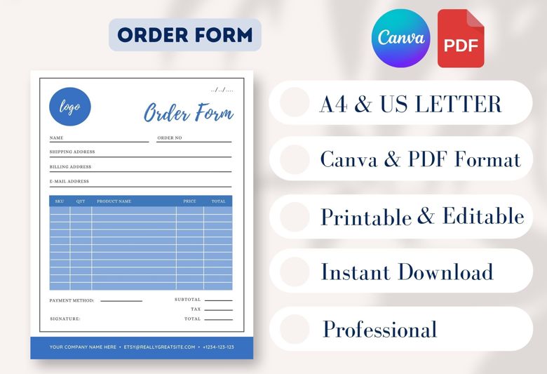 Printable Order Form Template for Small Business | Editable Canva Purchase Order Sheet | A4 & US Letter