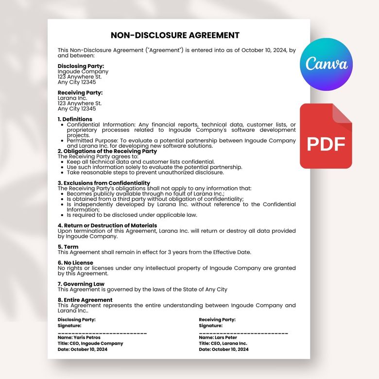 Non-Disclosure Agreement Template | Editable NDA Contract for Business, Freelancers & Partnerships