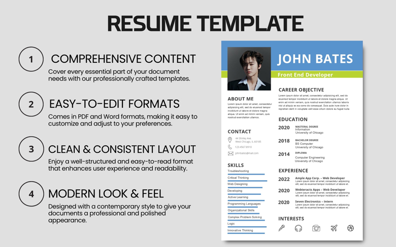Front End Developer Resume Template | Editable CV in PDF & Word | Modern Tech Job Application Format