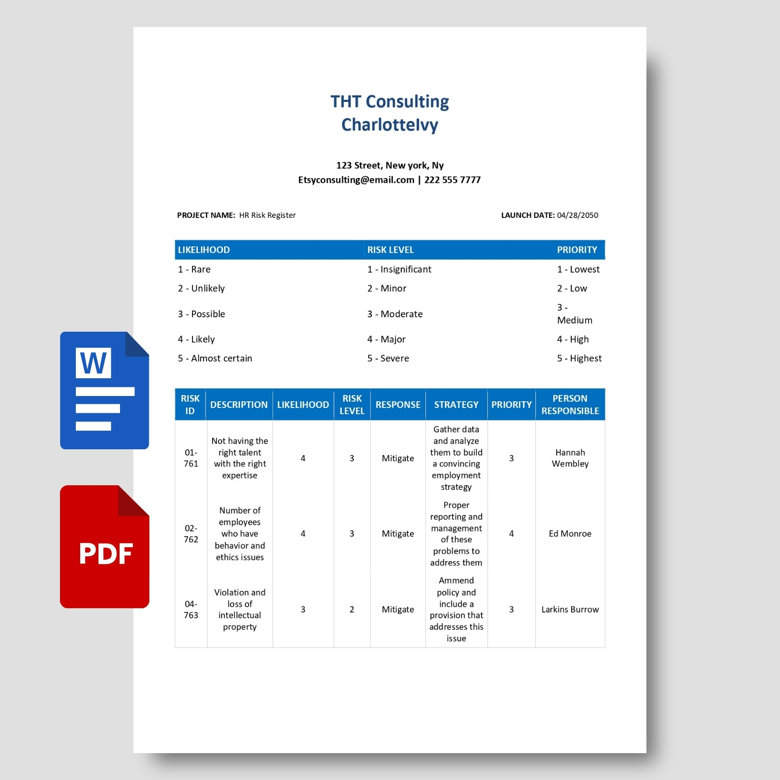 HR Risk Register Template | Editable Risk Assessment Sheet PDF & Word | Employee Risk Management Form for Businesses