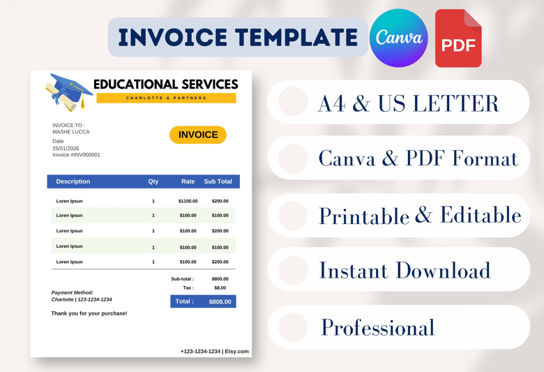Educational Services Invoice Template | Printable Tuition or Course Invoice | A4-USLETTER Size | Modern & Professional Design |