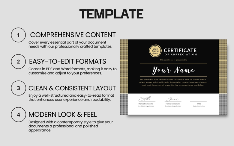 Editable Teacher Appreciation Certificate Template - Printable Award PDF & Word - Modern Black & Gold Design