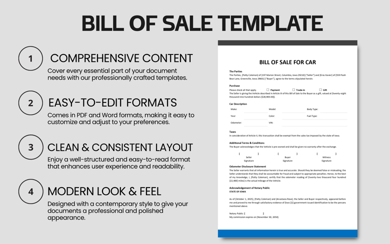 Bill of Sale for Car Template | Printable Vehicle Transfer Form | Editable Iowa Auto Sale Agreement PDF
