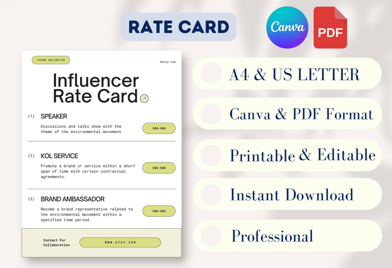 Minimalist Influencer Rate Card Template | Canva Editable Speaker & KOL Pricing Sheet | A4 & US Letter | Eco Style | Instant Do