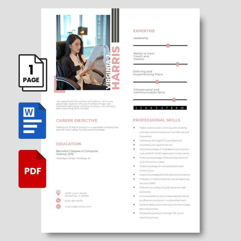 Editable IIS Admin Resume Template - Two Page CV for IT Professionals PDF & Word - Modern Tech Industry Job Application Layout