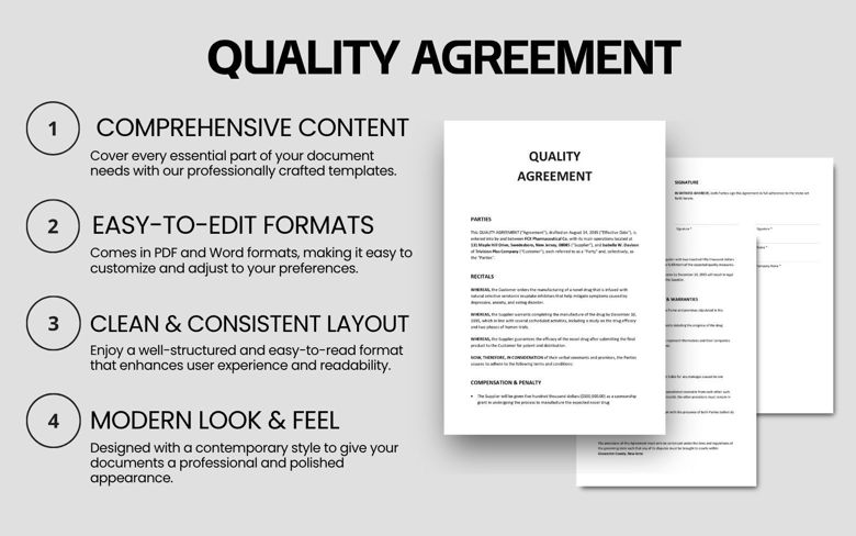 Quality Agreement Template | Editable Manufacturing Contract | PDF & Word | Supplier-Customer B2B Agreement Form
