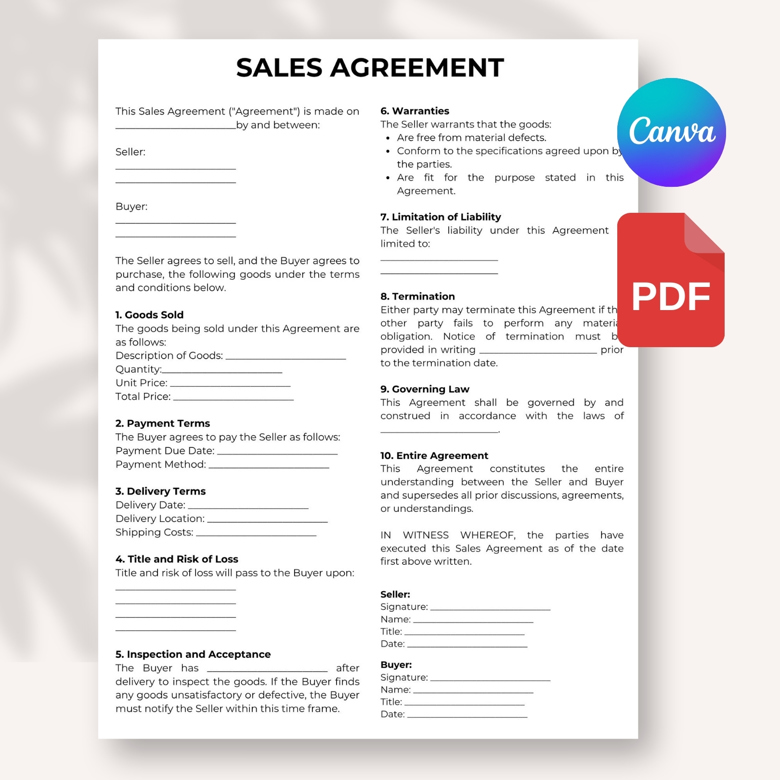 Sales Agreement Template for Small Business | Editable Legal Contract Form | Canva Template