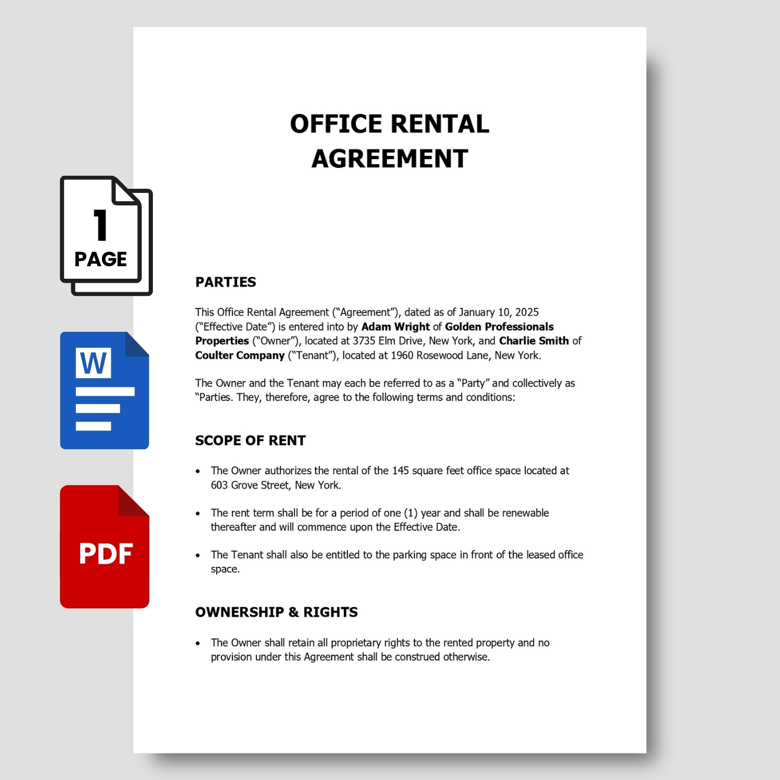 Office Rental Agreement Template | Editable Lease Contract in PDF & Word | Commercial Office Space Rental Form