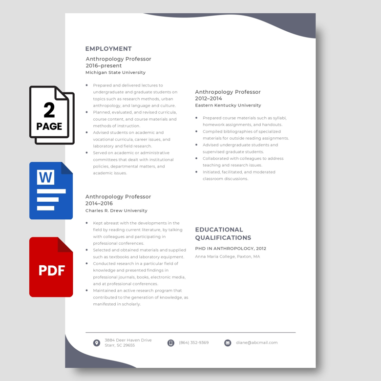 Editable Anthropology Professor Resume Template | Modern CV Layout for Academic Professionals | Word & PDF Format