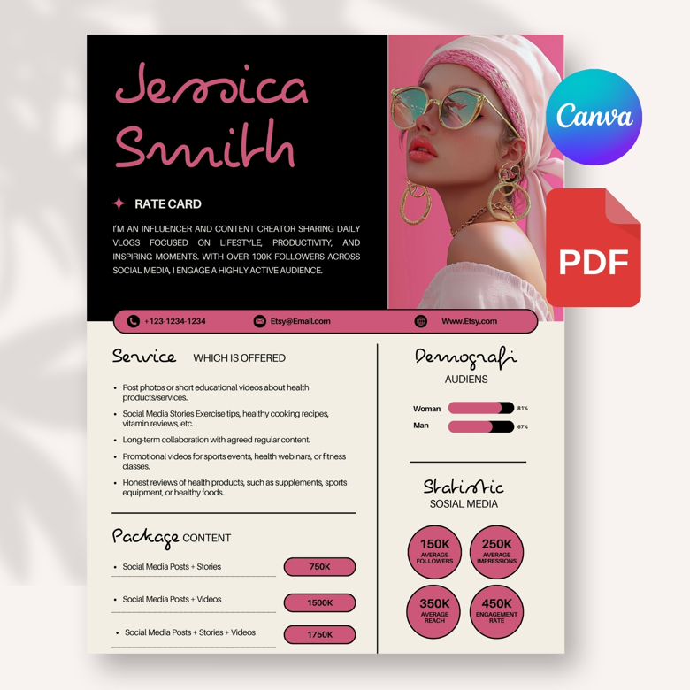 Modern Influencer Media Kit & Rate Card | Editable Professional Portfolio and Pricing Sheet for Digital Creators & Personal Bra