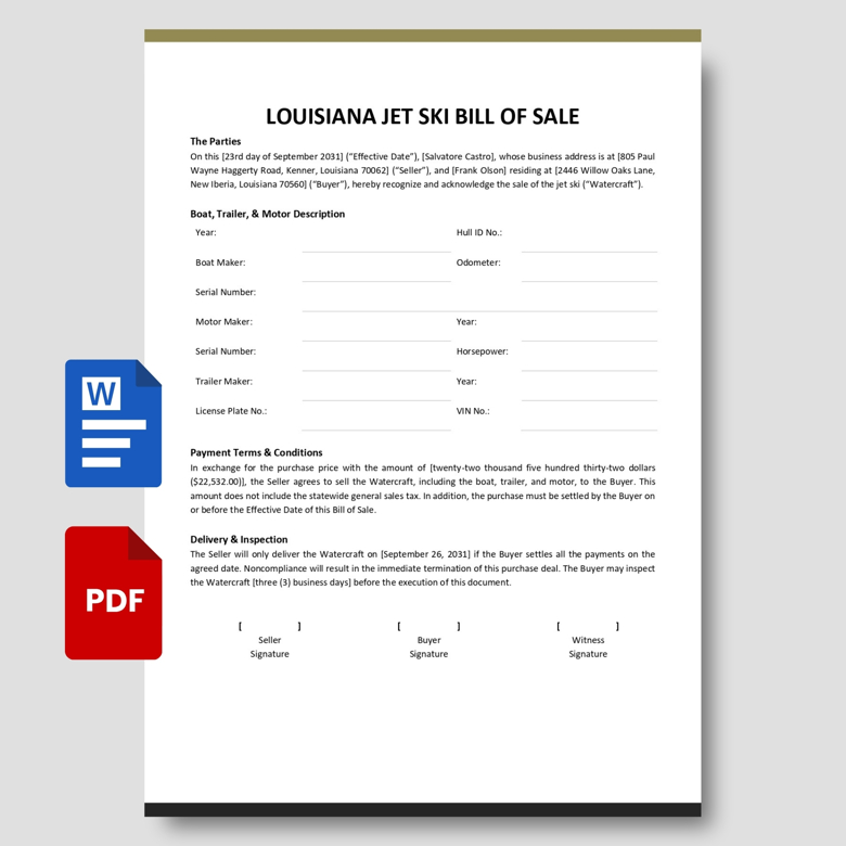 Louisiana Jet Ski Bill of Sale Template | Editable PDF & Word | Boat, Trailer & Motor Sale Form | Instant Download