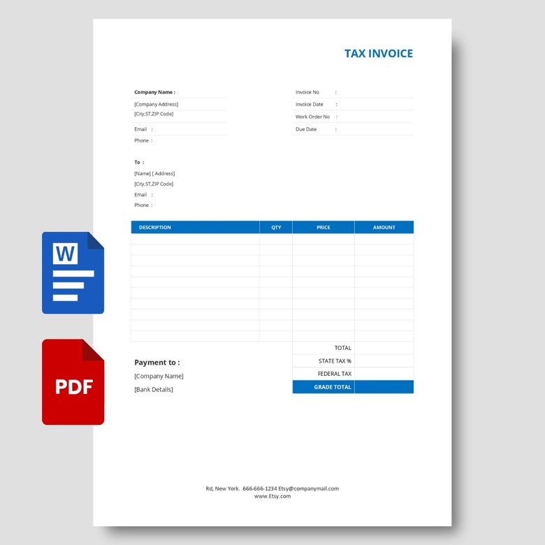 Editable Tax Invoice Template - Printable Business Billing Form PDF & Word - Professional Invoice for Small Business