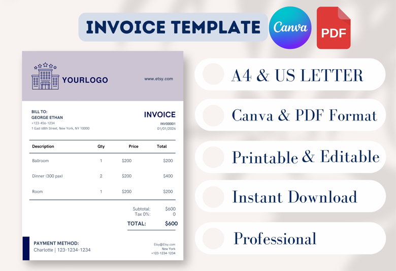 Elegant Event Venue Invoice | Ballroom, Dinner & Room Booking Template | A4 & US Letter | Canva Editable