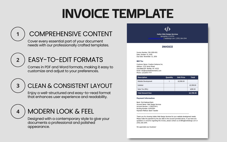 Web Design Invoice Template | Editable PDF & Word | Service Billing Form for Freelancers & Agencies