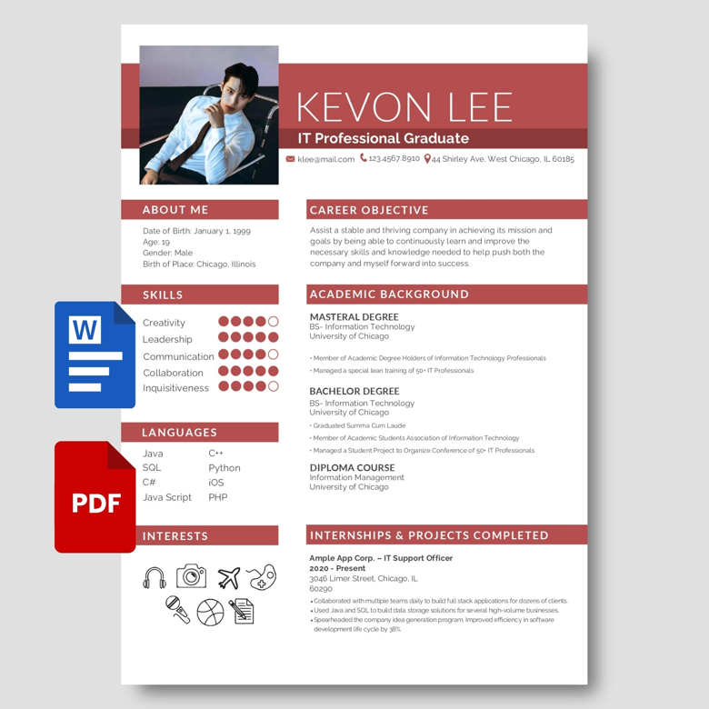Editable IT Professional Resume Template - One Page CV for Fresh Graduates PDF & Word - Modern Tech Industry Job Application