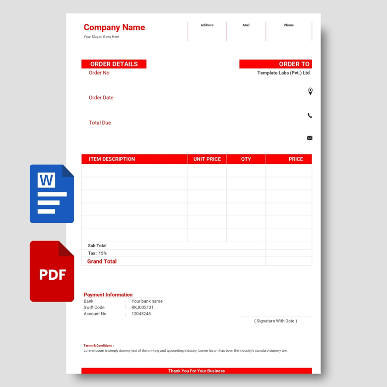 Editable Order Form Template | Printable Purchase Order Sheet in PDF & Word | Business Sales Form with Payment Info