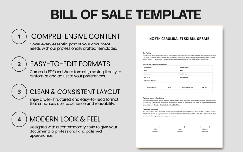 North Carolina Jet Ski Bill of Sale Template | Editable Boat & Trailer Sales Form | PDF & Word | Personal Watercraft Agreement
