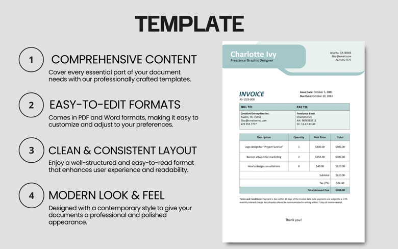 Freelance Invoice Template for Graphic Designers | Editable PDF & Word | Contractor Billing Format | Instant Download