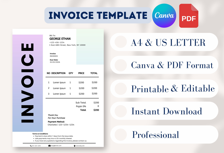 Modern Invoice Template | Aesthetic Business Billing Form | Freelance & Small Business Invoice | A4 & US Letter | Canva Editabl