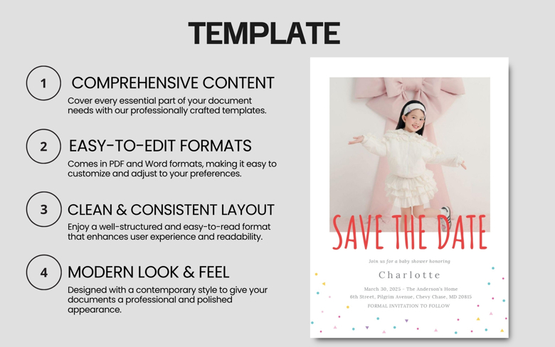 Editable Save the Date Baby Shower Invitation | Cute Pink Baby Girl Template | Canva, PDF & Word Formats