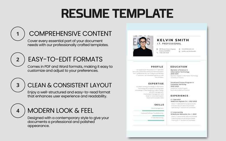 Editable IT Resume Template - One Page CV for Tech Professionals PDF & Word - Modern Job Application Layout for IT Specialist
