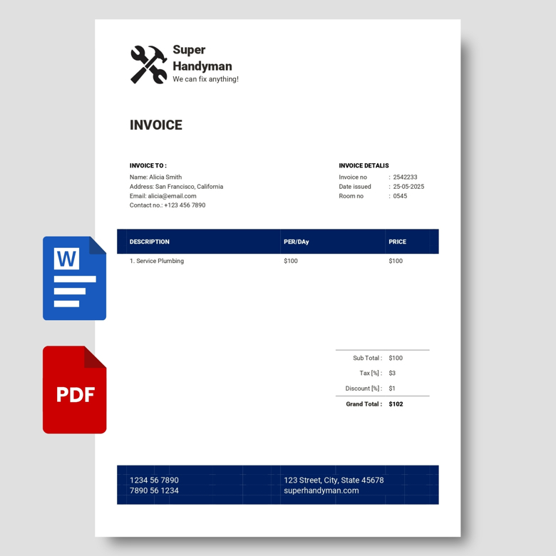 Handyman Invoice Template | Editable Service Billing Form PDF & Word | Contractor Receipt for Plumbing, Repairs & Maintenance