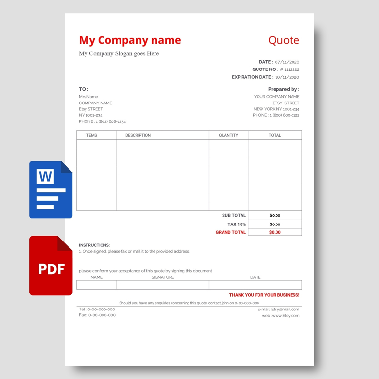 Editable Price Quote Template | Fillable Sales Quotation Form in PDF & Word | Business Service Estimate Sheet