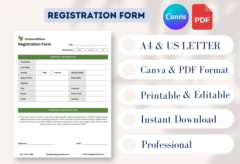 Registration Form Template | Editable Canva Sign-Up Sheet | Membership Application Form | A4 & US Letter