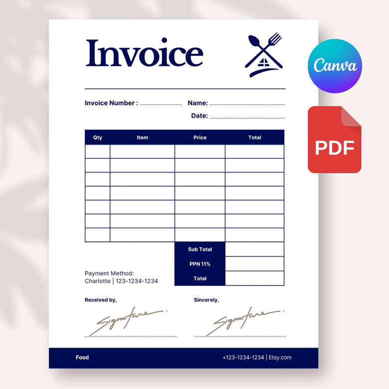 Editable Food Invoice Template | Printable Restaurant Bill | A4-US Letter Size | Clean & Professional Design | Instant Download