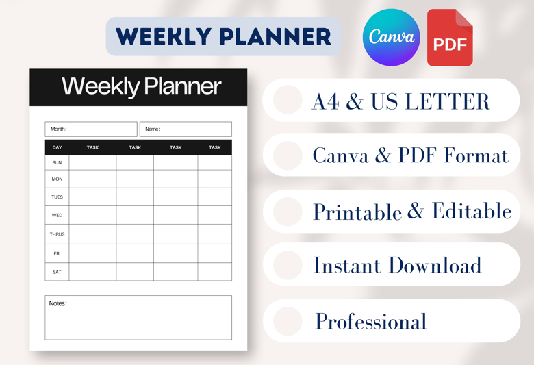 Minimalist Weekly Task Planner | Printable Work Schedule Organizer | Monochrome Design