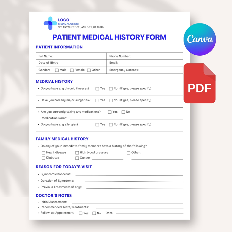 Patient Medical History Form Template | Editable Canva Health Form | US Letter Size | Doctor Office Clinic Use