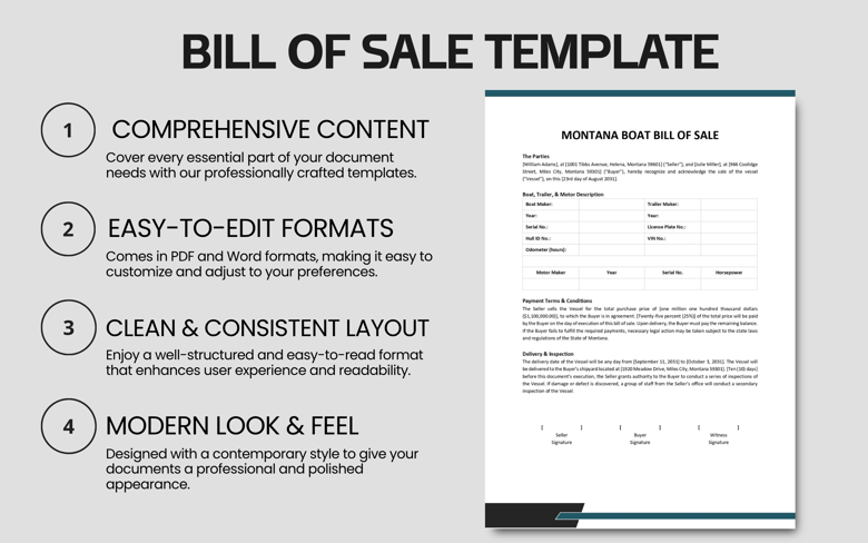 Montana Boat Bill of Sale Template | Editable Vessel, Trailer & Motor Sale Agreement | Fillable PDF & Word Format