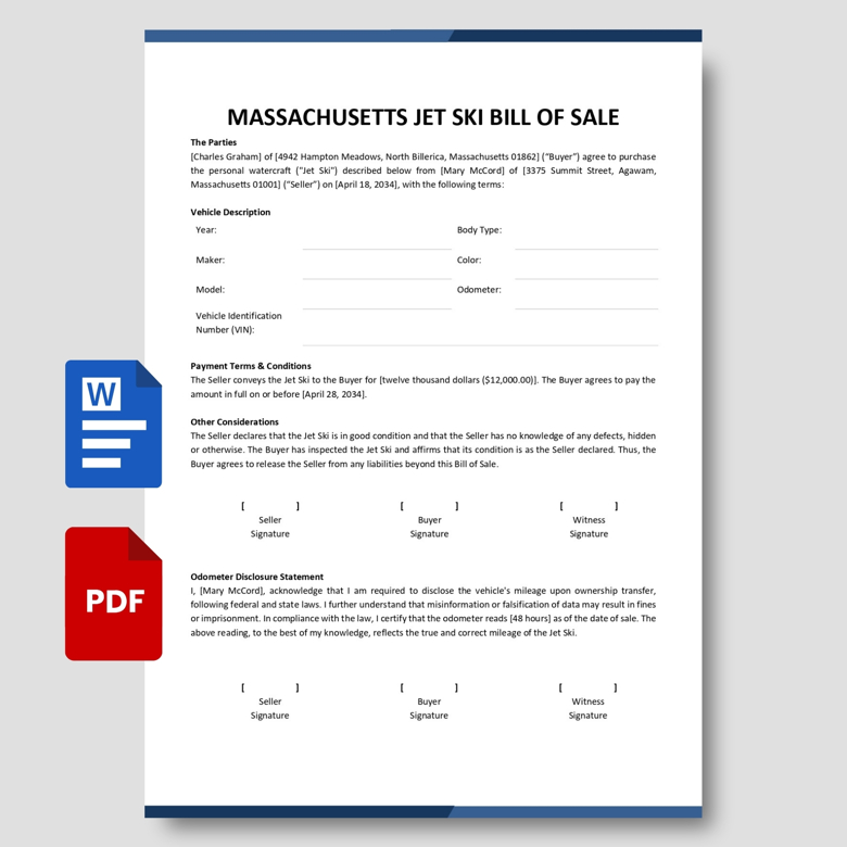 Massachusetts Jet Ski Bill of Sale Template | Editable PDF & Word | Personal Watercraft Sale Form | Instant Download