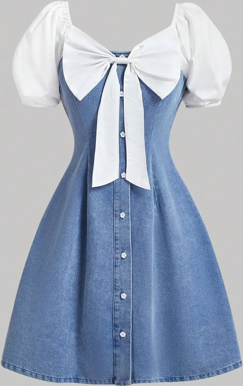 เดรสยีนส์คอเหลี่ยมพร้อมโบว์ใหญ่