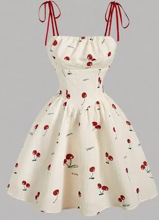 เดรสลายเชอร์รี่สายผูกไหล่