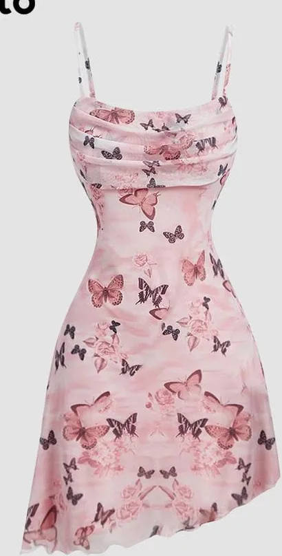 เดรสสายเดี่ยวลายผีเสื้อ