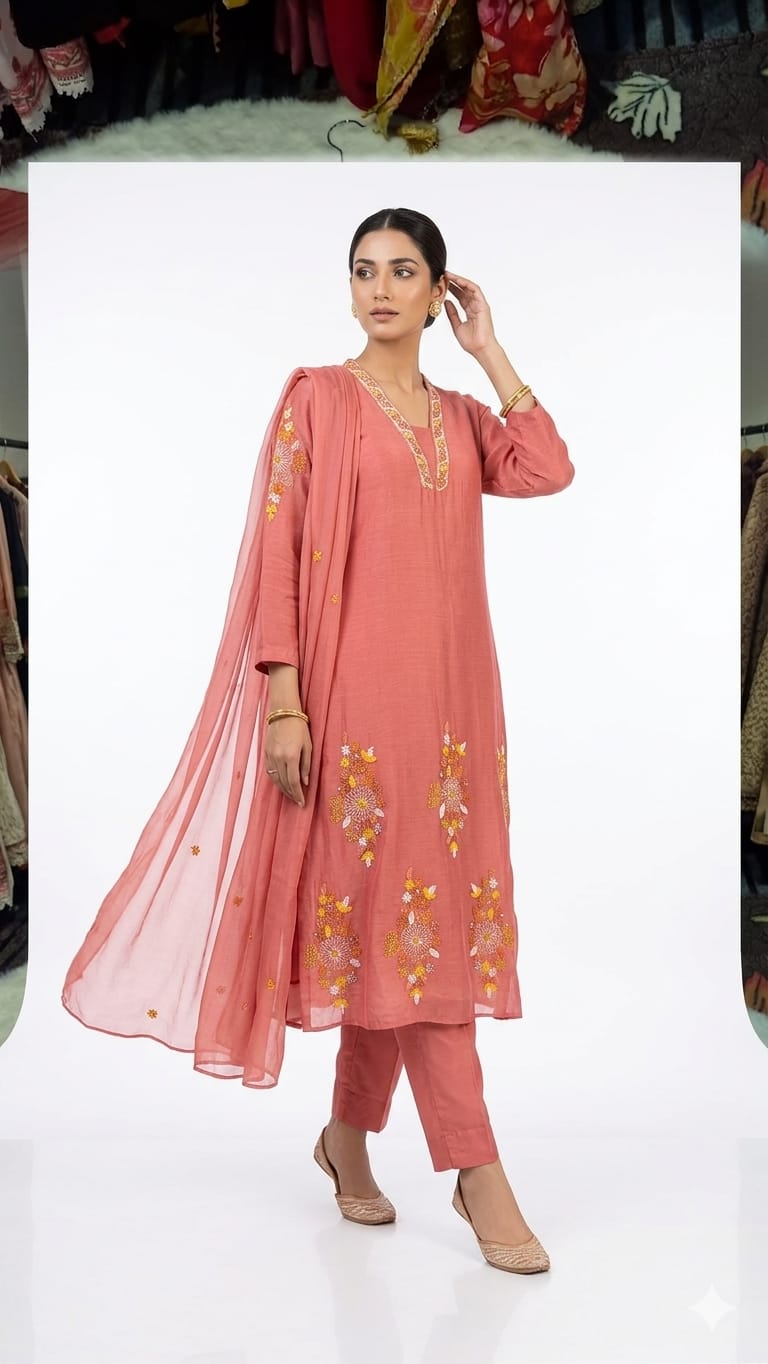 Peach Embroidered Kurta Set