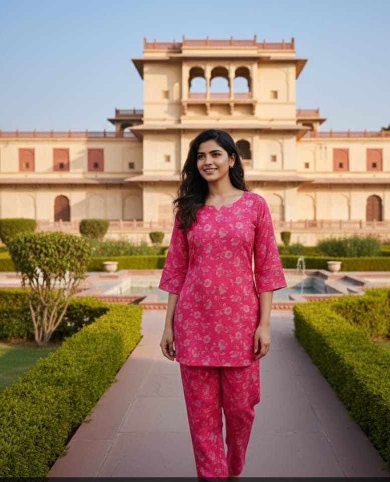 Pink Floral Cotton Kurta Set