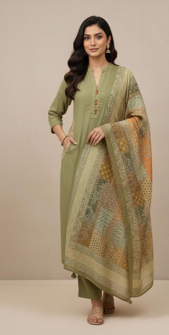 Olive Green Cotton Kurta Set