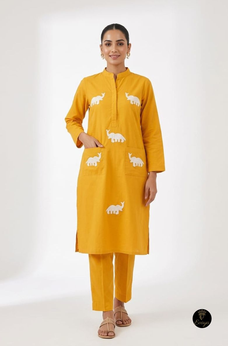 Mustard Elephant Embroidered Cotton Co-ord Set with 2 pocket