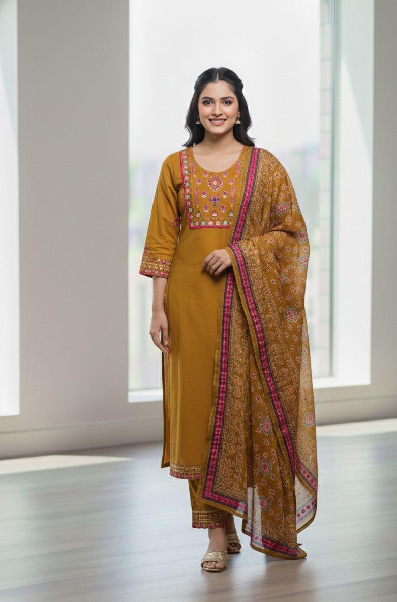 Embroidered Mustard Kurta Set