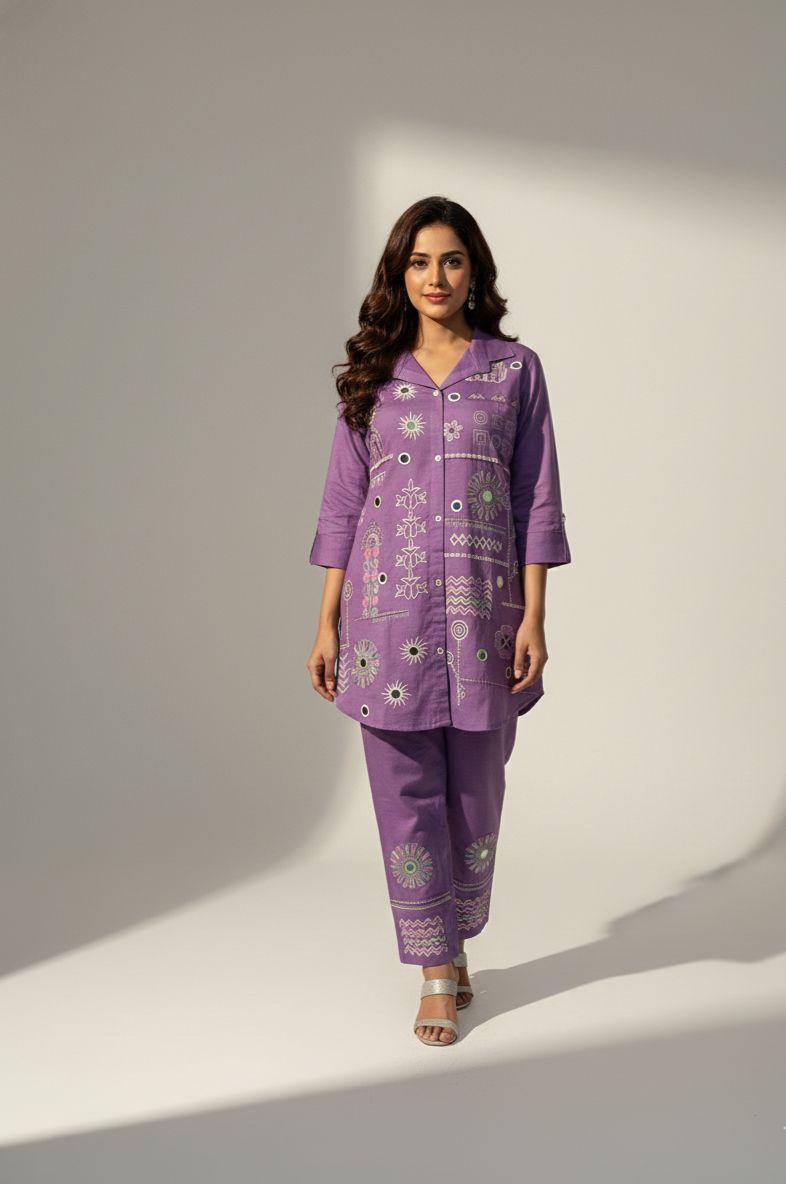 Purple Printed Cotton Kurta Set