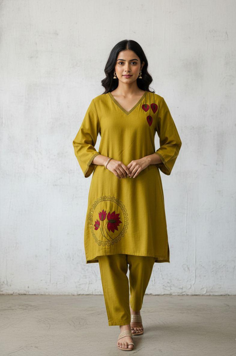 Mustard Floral Embroidered Kurta Set